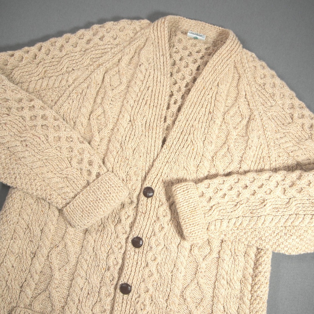 Blarney Woollen Mills Chunky Handknit Aran Wool Cable Cardigan Men Sweater XL